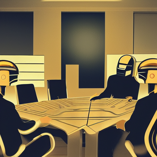 image generated with stable diffusion, positive prompt 'daft punk, board meeting, seated at a wooden table, deliberation'