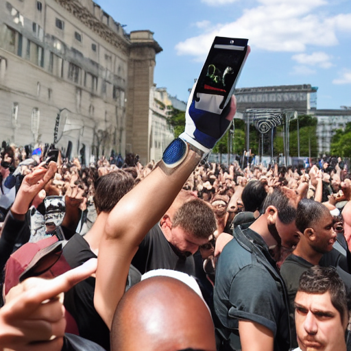 image generated with stable diffusion, positive prompt 'powerful, defiant fist raised high in the air, revolutionary, hand holding a modern smartphone, phone bends under pressure' and negative prompt 'blurry'